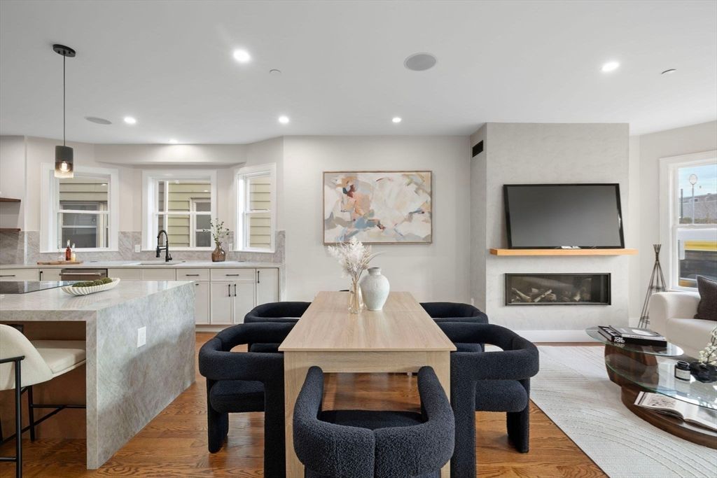 Dining room, Fireplace, Interior, Kitchen, Living room, Pendant Lights, Recessed Lighting, Wood Texture Flooring