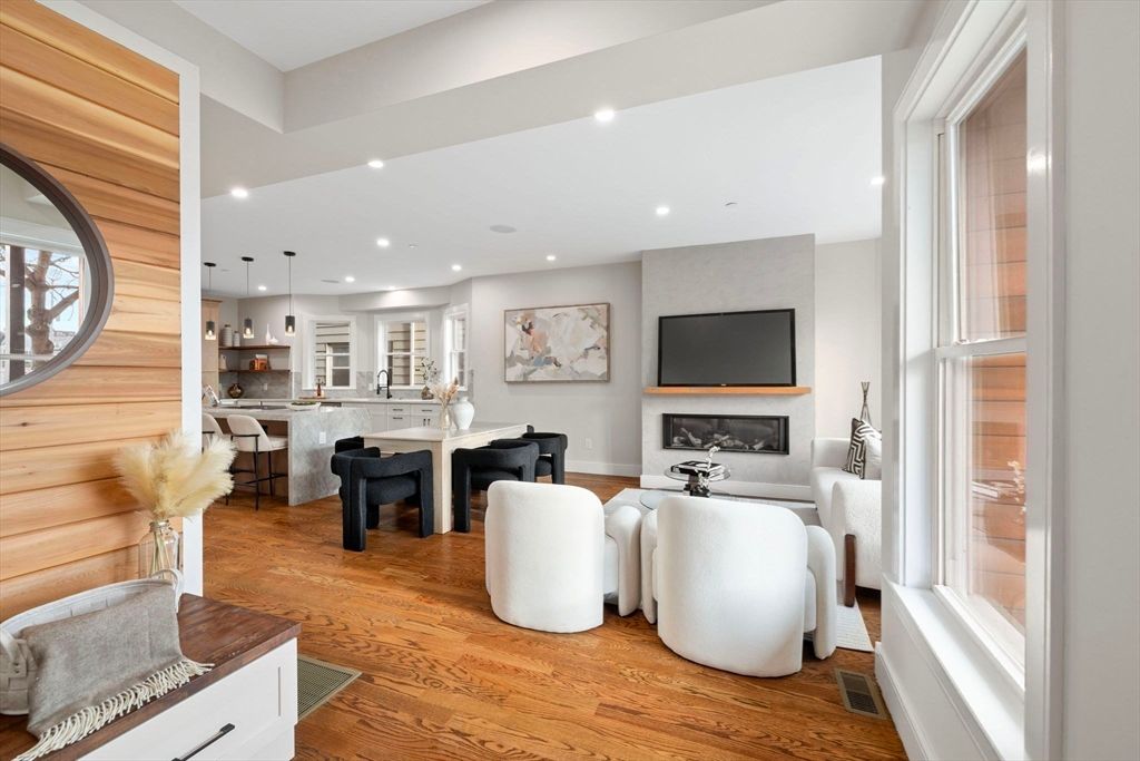 Dining room, Fireplace, Interior, Kitchen, Living room, Pendant Lights, Recessed Lighting, Wood Texture Flooring
