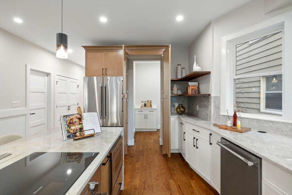 Interior, Kitchen, Pendant Lights, Recessed Lighting, Stainless Steel Appliances, Wood Texture Flooring