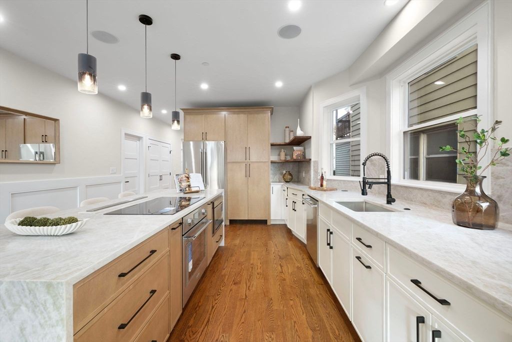 Interior, Kitchen, Pendant Lights, Recessed Lighting, Stainless Steel Appliances, Wood Texture Flooring