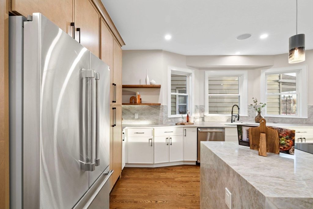 Interior, Kitchen, Pendant Lights, Recessed Lighting, Stainless Steel Appliances, Wood Texture Flooring