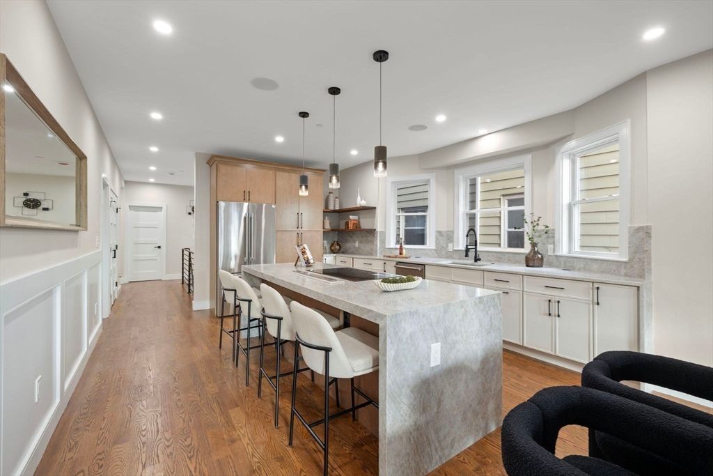 Interior, Kitchen, Pendant Lights, Recessed Lighting, Stainless Steel Appliances, Wood Texture Flooring