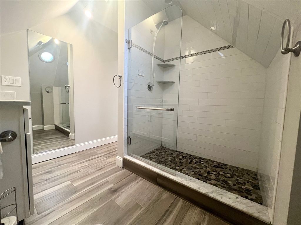 Bathroom, Glass Shower, Interior, Wood Texture Flooring