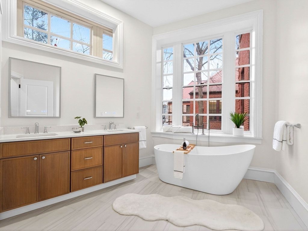 Bathroom, Dual Sink Vanities, Free Standing Baths, Interior, Marble, Wood Texture Flooring