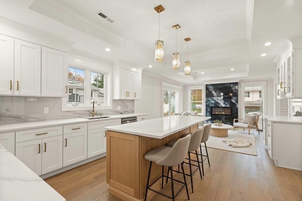 Fireplace, Interior, Kitchen, Living room, Pendant Lights, Recessed Lighting, Wood Texture Flooring