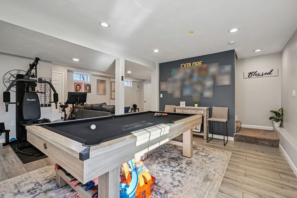 Billiard Table, Fitness Equipment, Game Room, Interior, Recessed Lighting, Wood Texture Flooring