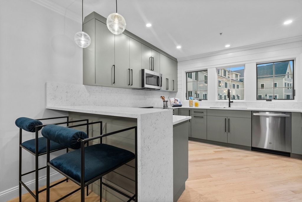 Interior, Kitchen, Pendant Lights, Recessed Lighting, Stainless Steel Appliances, Wood Texture Flooring