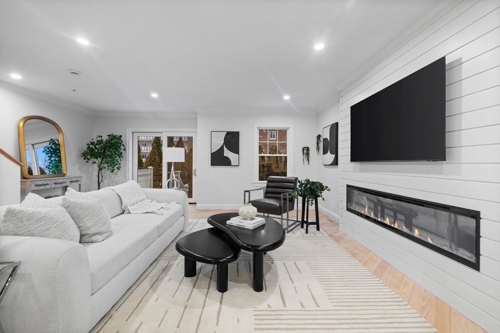 Fireplace, Interior, Living room, Recessed Lighting, Wood Texture Flooring