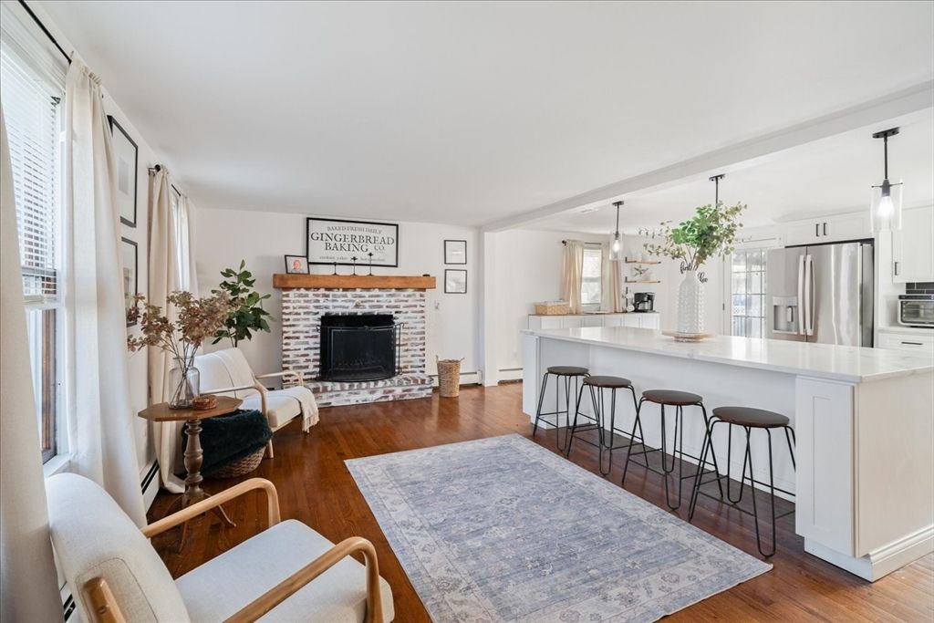 Fireplace, Interior, Kitchen, Pendant Lights, Stainless Steel Appliances, Wood Texture Flooring