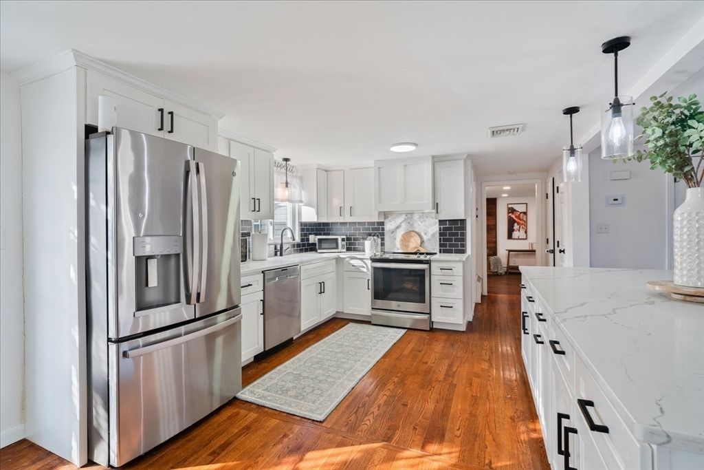 Interior, Kitchen, Pendant Lights, Recessed Lighting, Stainless Steel Appliances, Wood Texture Flooring