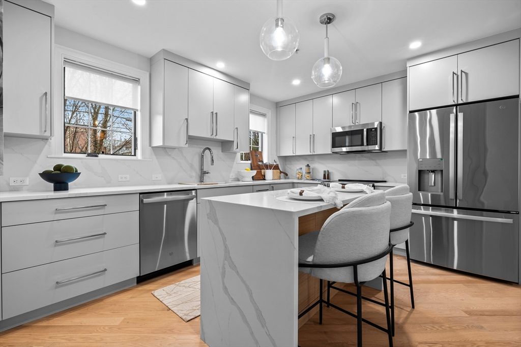 Interior, Kitchen, Pendant Lights, Recessed Lighting, Stainless Steel Appliances, Wood Texture Flooring