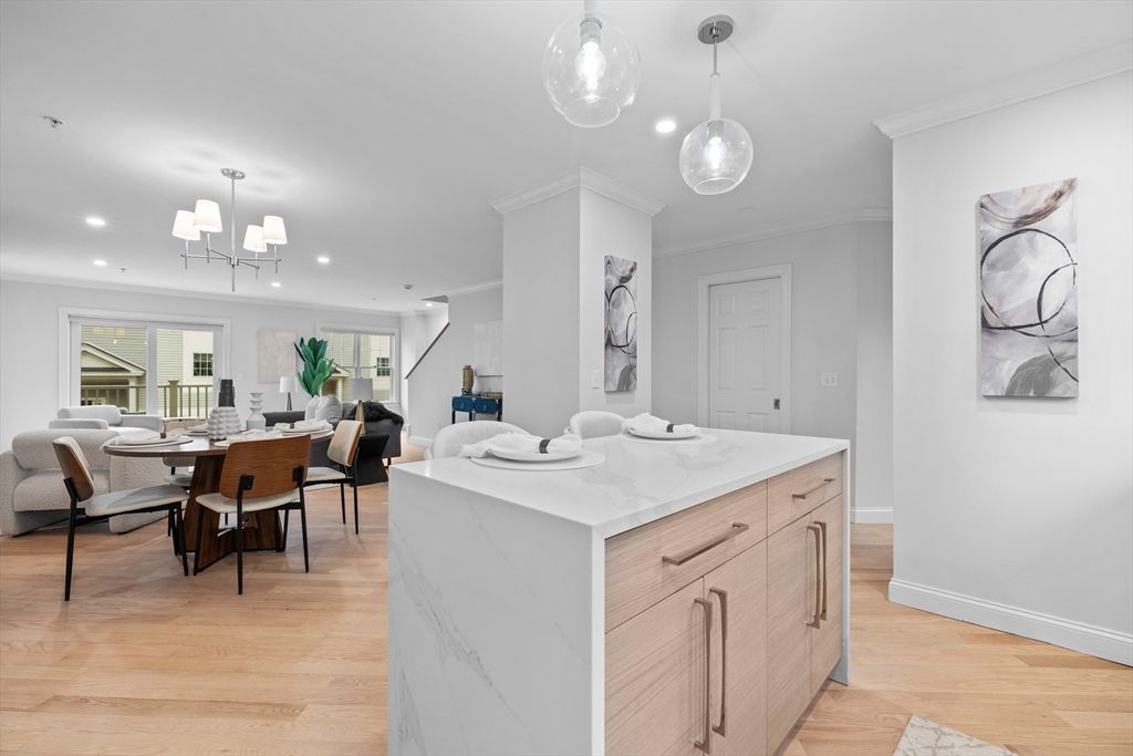 Dining room, Interior, Pendant Lights, Recessed Lighting, Wood Texture Flooring