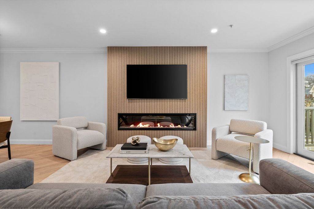 Fireplace, Interior, Living room, Recessed Lighting, Wood Texture Flooring