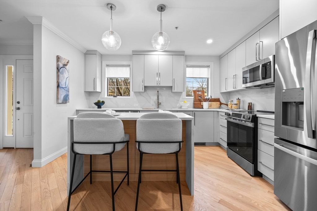 Interior, Kitchen, Pendant Lights, Recessed Lighting, Stainless Steel Appliances, Wood Texture Flooring