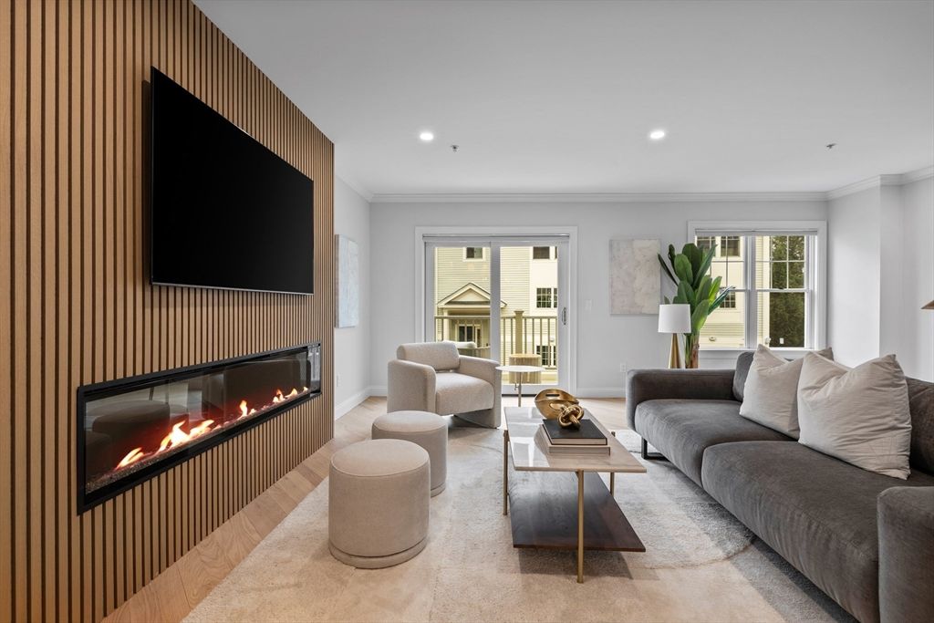 Fireplace, Interior, Living room, Recessed Lighting, Wood Texture Flooring