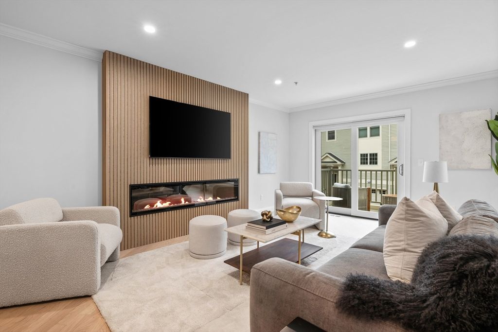 Fireplace, Interior, Living room, Recessed Lighting, Wood Texture Flooring