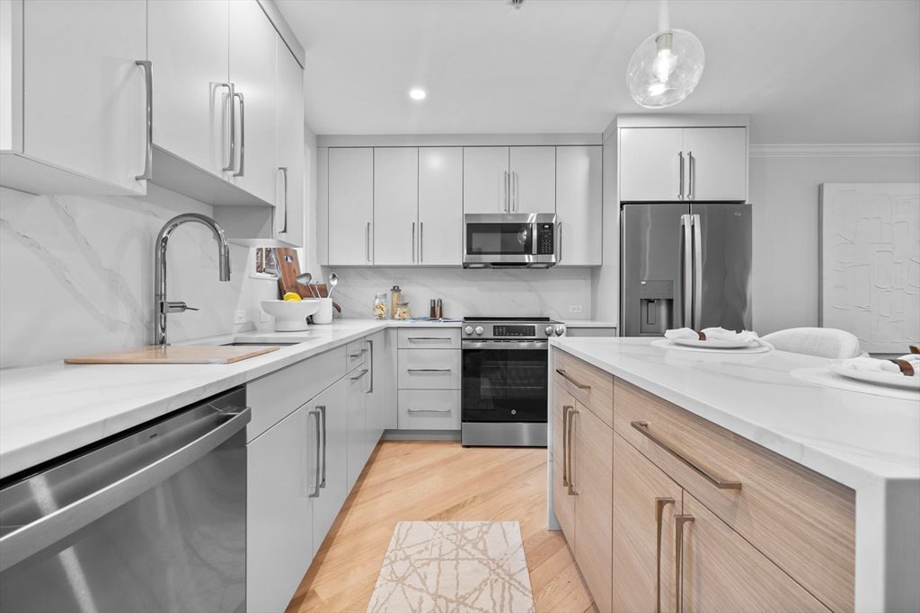 Interior, Kitchen, Recessed Lighting, Stainless Steel Appliances, Wood Texture Flooring