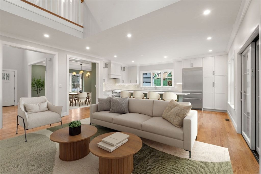 Chandelier, Dining room, Interior, Kitchen, Living room, Recessed Lighting, Stainless Steel Appliances, Wood Texture Flooring