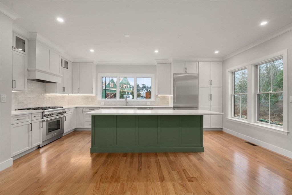 Interior, Kitchen, Recessed Lighting, Stainless Steel Appliances, Wood Texture Flooring