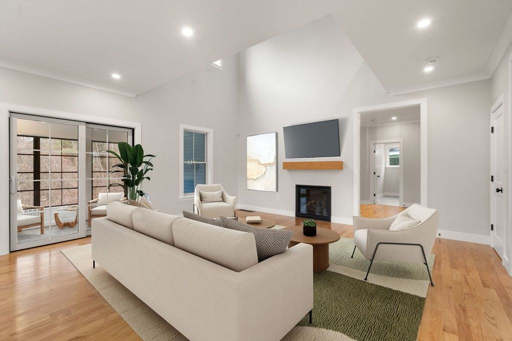 Fireplace, Interior, Living room, Recessed Lighting, Wood Texture Flooring