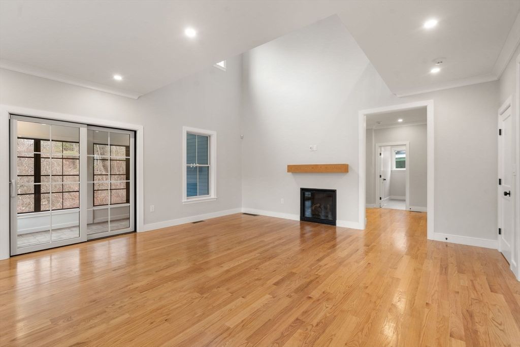 Empty room, Fireplace, Interior, Recessed Lighting, Wood Texture Flooring