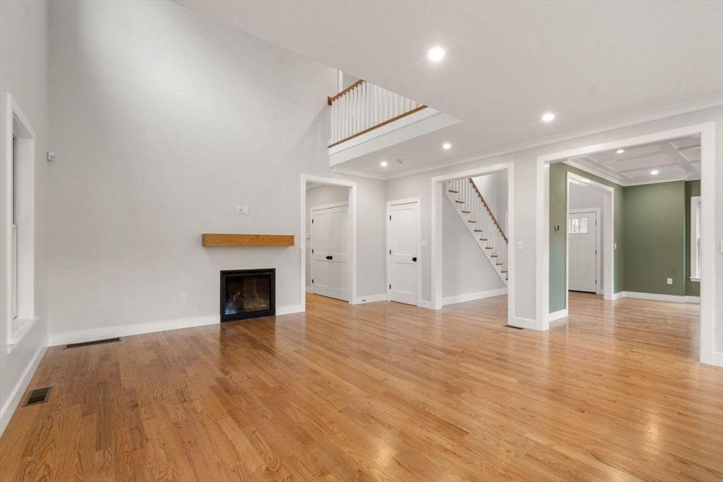 Empty room, Fireplace, Interior, Recessed Lighting, Wood Texture Flooring