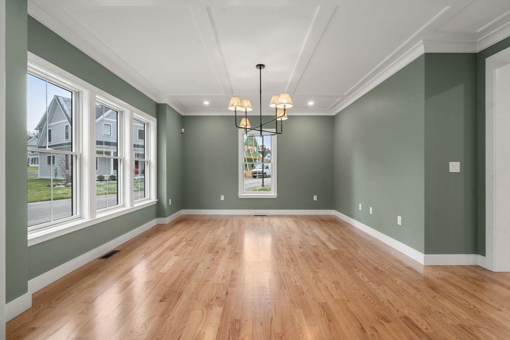 Empty room, Interior, Pendant Lights, Recessed Lighting, Wood Texture Flooring