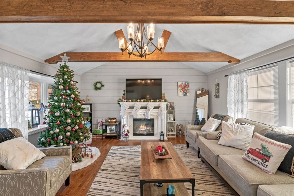Chandelier, Fireplace, Interior, Living room, Wooden Beams, Wood Texture Flooring