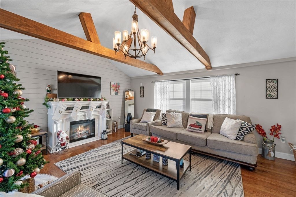 Chandelier, Fireplace, Interior, Living room, Wooden Beams, Wood Texture Flooring