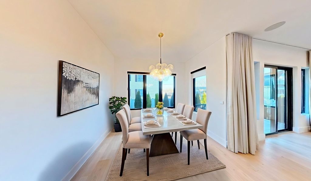 Dining room, Interior, Pendant Lights, Wood Texture Flooring