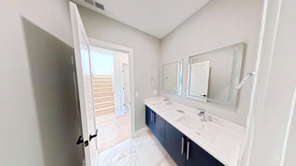 Bathroom, Dual Sink Vanities, Interior, Marble, Wood Texture Flooring