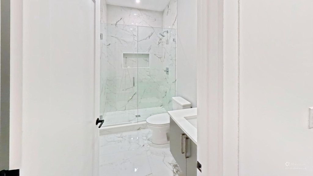 Bathroom, Glass Shower, Interior, Marble, Marble Walls, Recessed Lighting