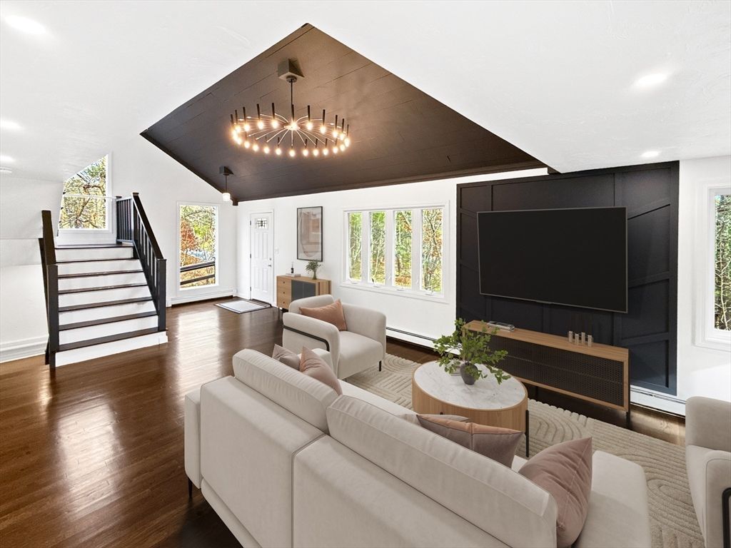Interior, Living room, Pendant Lights, Recessed Lighting, Wood Texture Flooring