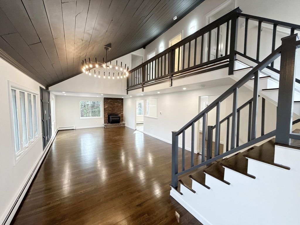 Fireplace, Interior, Pendant Lights, Recessed Lighting, Wood Texture Flooring
