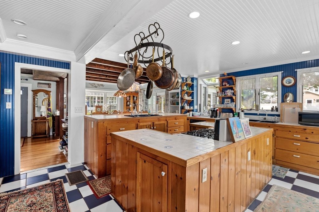 Interior, Kitchen, Recessed Lighting, Tile Countertops, Wood Texture Flooring