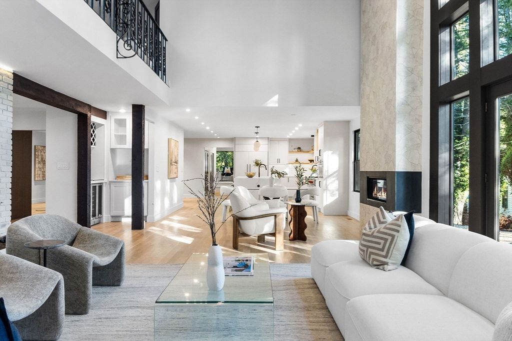 Dining room, Fireplace, Interior, Living room, Pendant Lights, Recessed Lighting, Wood Texture Flooring