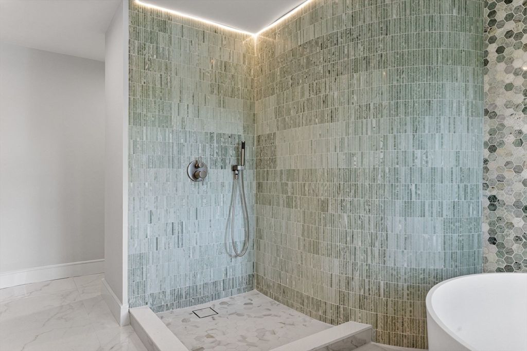 Bathroom, Glass Shower, Interior, Marble, Recessed Lighting