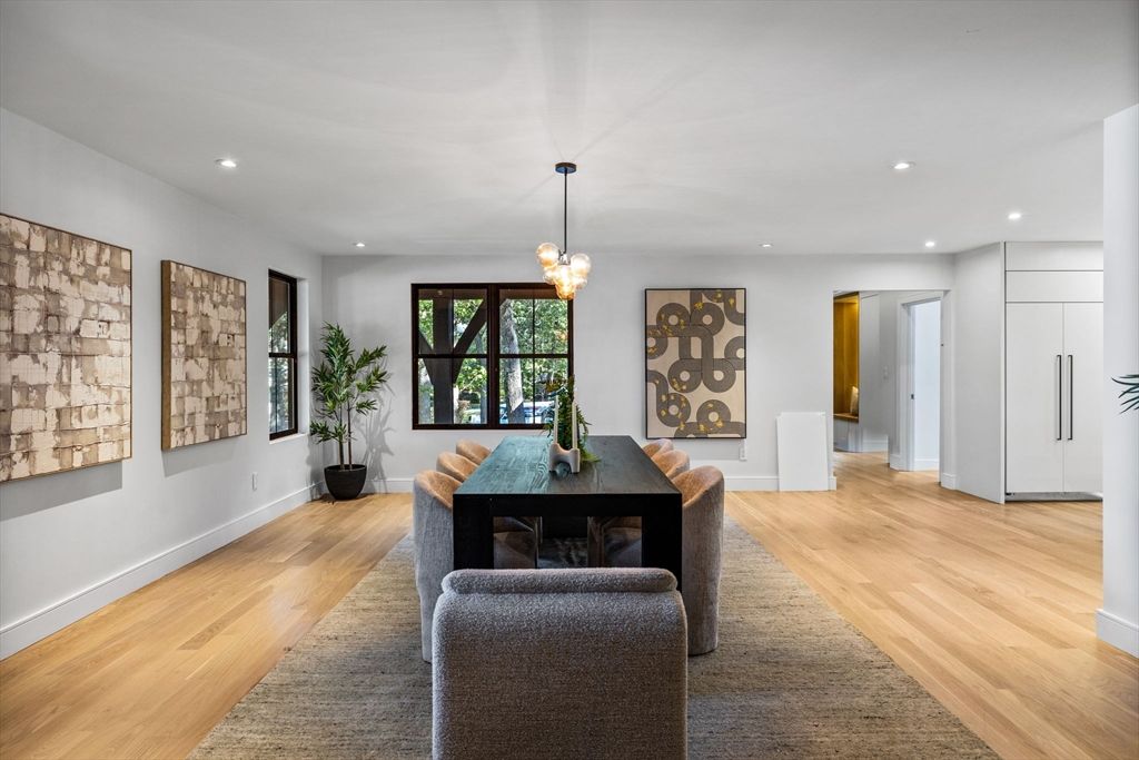 Dining room, Interior, Pendant Lights, Recessed Lighting, Wood Texture Flooring