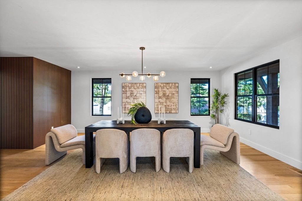 Dining room, Interior, Pendant Lights, Recessed Lighting, Wood Texture Flooring