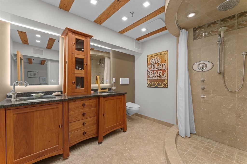 Bathroom, Dual Sink Vanities, Glass Shower, Interior, Recessed Lighting, Wooden Beams