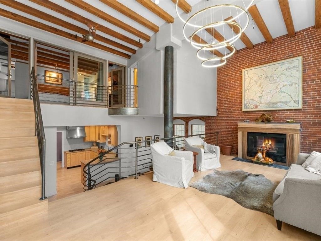 Fireplace, Interior, Living room, Pendant Lights, Stone Walls, Wooden Beams, Wood Texture Flooring