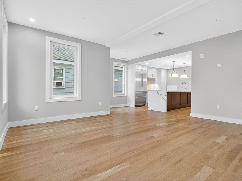 Empty room, Interior, Kitchen, Pendant Lights, Recessed Lighting, Wood Texture Flooring
