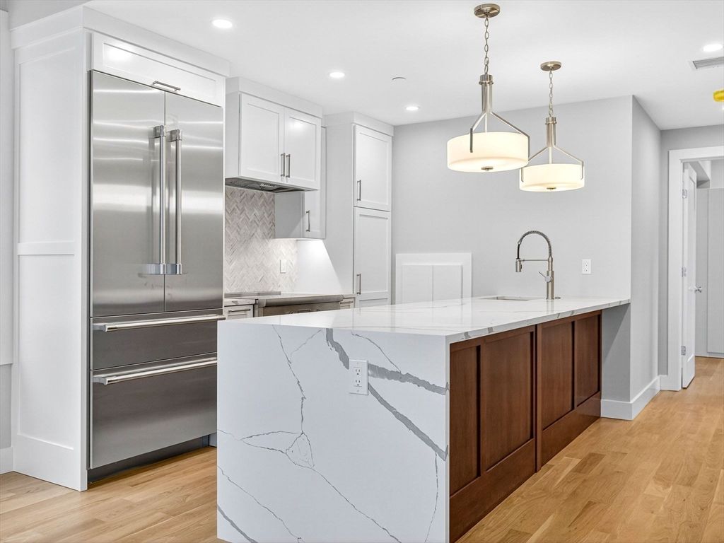 Interior, Kitchen, Pendant Lights, Recessed Lighting, Stainless Steel Appliances, Wood Texture Flooring