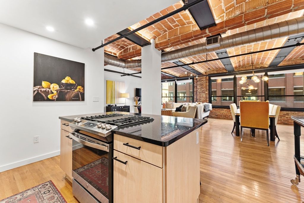 Dining room, Interior, Kitchen, Living room, Pendant Lights, Recessed Lighting, Stainless Steel Appliances, Wood Texture Flooring