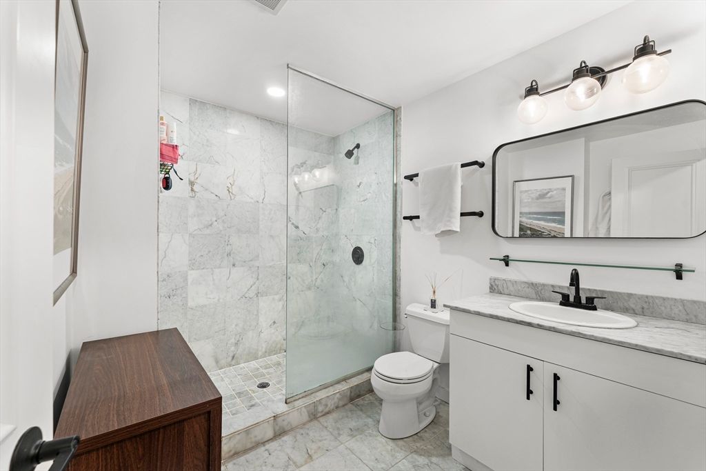 Bathroom, Glass Shower, Interior, Marble Walls, Recessed Lighting