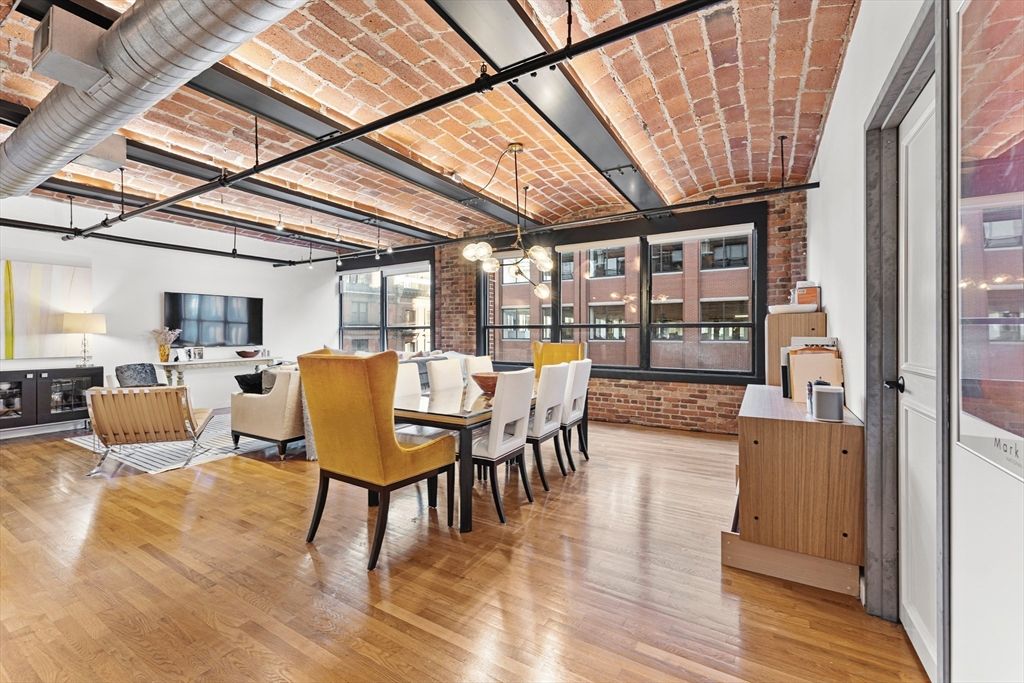 Dining room, Interior, Living room, Pendant Lights, Stone Walls, Wood Texture Flooring