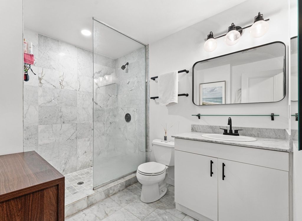 Bathroom, Glass Shower, Interior, Marble, Marble Walls, Recessed Lighting