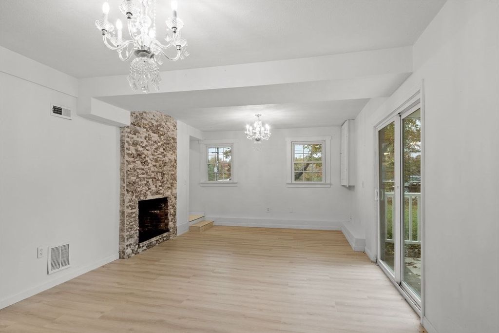 Chandelier, Empty room, Fireplace, Interior, Wood Texture Flooring