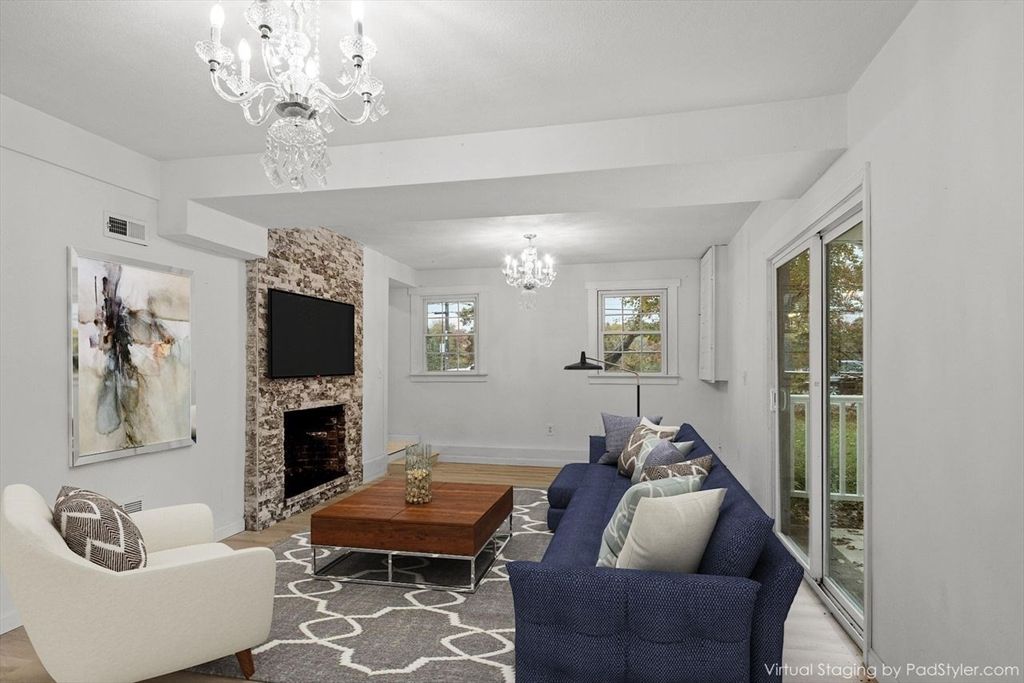 Chandelier, Fireplace, Interior, Living room, Stone Walls, Wood Texture Flooring