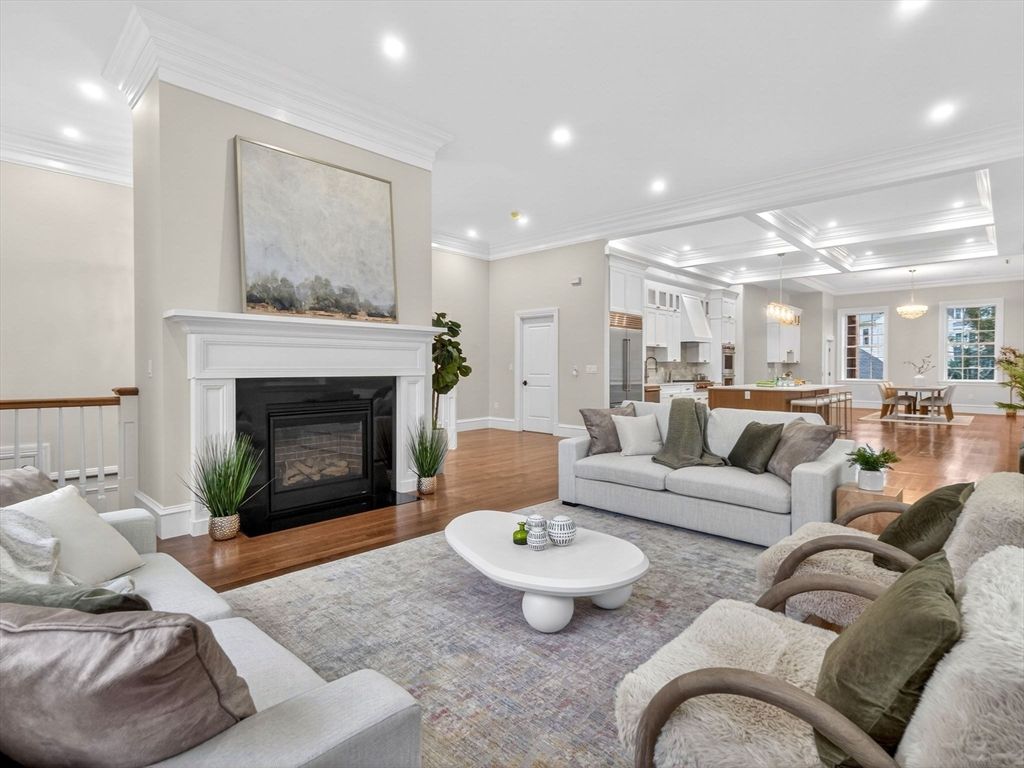 Dining room, Fireplace, Interior, Kitchen, Living room, Pendant Lights, Recessed Lighting, Wood Texture Flooring